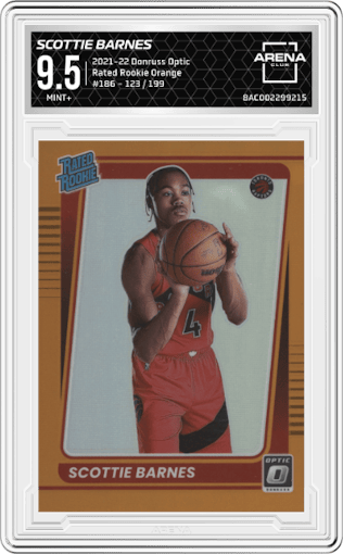 Scottie Barnes from the 2021-22 Panini Donruss Optic set featuring a Orange parallel graded by Arena Club and given an overall grade of 9.5.