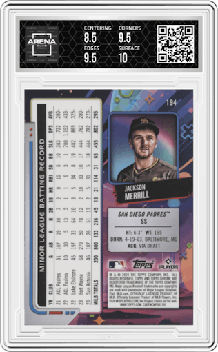 Jackson Merrill from the 2024 Topps Cosmic Chrome set featuring a Aqua Equinox Refractor parallel graded by Arena Club and given an overall grade of 9.