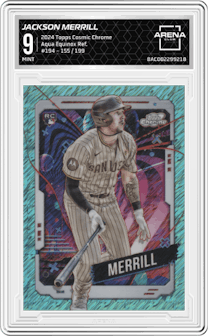 Jackson Merrill from the 2024 Topps Cosmic Chrome set featuring a Aqua Equinox Refractor parallel graded by Arena Club and given an overall grade of 9.