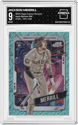 Jackson Merrill from the 2024 Topps Cosmic Chrome set featuring a Aqua Equinox Refractor parallel graded by Arena Club and given an overall grade of 9.