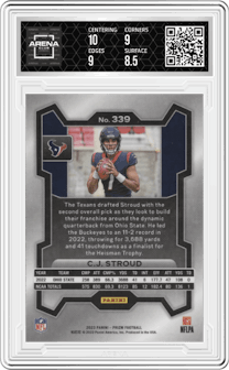 C.J. Stroud from the 2023 Panini Prizm set graded by Arena Club and given an overall grade of 9.