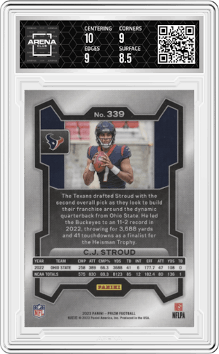 C.J. Stroud from the 2023 Panini Prizm set graded by Arena Club and given an overall grade of 9.