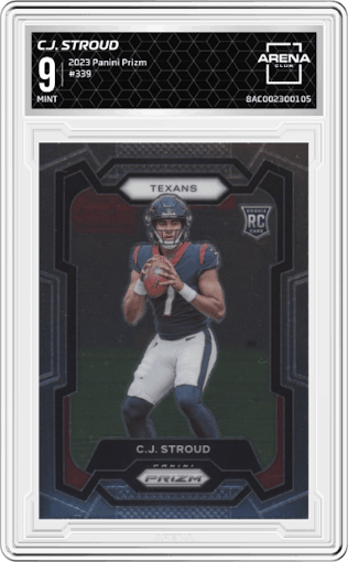 C.J. Stroud from the 2023 Panini Prizm set graded by Arena Club and given an overall grade of 9.