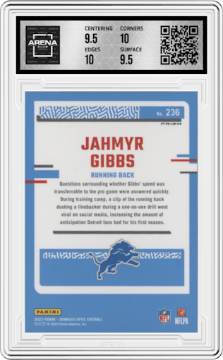 Jahmyr Gibbs from the 2023 Donruss Optic set featuring a Holo parallel graded by Arena Club and given an overall grade of 10.