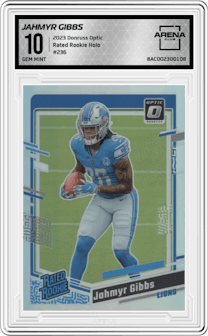 Jahmyr Gibbs from the 2023 Donruss Optic set featuring a Holo parallel graded by Arena Club and given an overall grade of 10.