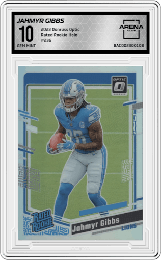 Jahmyr Gibbs from the 2023 Donruss Optic set featuring a Holo parallel graded by Arena Club and given an overall grade of 10.