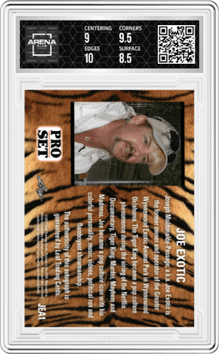 Joe Exotic from the 2021 Leaf Pro Set Joe Exotic set graded by Arena Club and given an overall grade of 9.