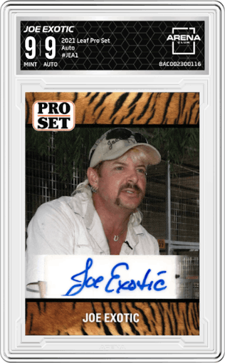 Joe Exotic from the 2021 Leaf Pro Set Joe Exotic set graded by Arena Club and given an overall grade of 9.