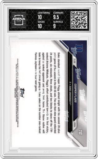 Cooper Flagg from the 2024-25 Bowman U Now set graded by Arena Club and given an overall grade of 9.5.