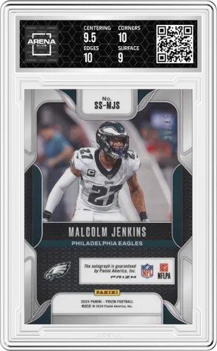 Malcolm Jenkins from the 2024 Panini Prizm set featuring a Purple Power parallel graded by Arena Club and given an overall grade of 9.5.