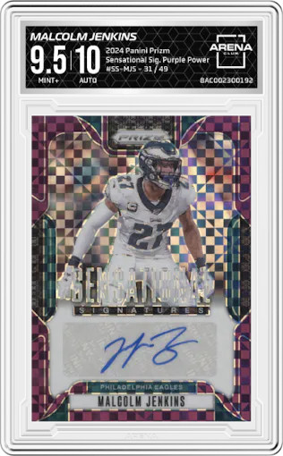 Malcolm Jenkins from the 2024 Panini Prizm set featuring a Purple Power parallel graded by Arena Club and given an overall grade of 9.5.