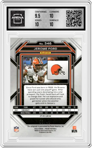 Jerome Ford from the 2022 Panini Prizm set featuring a Purple Power parallel graded by Arena Club and given an overall grade of 10.