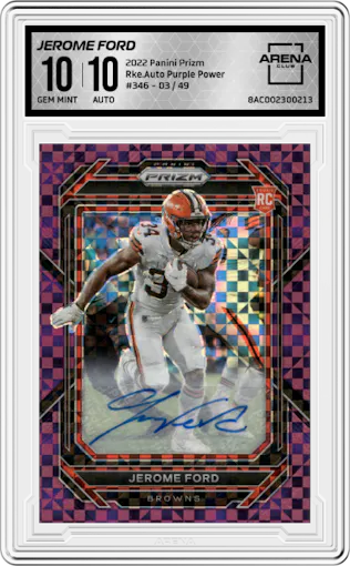 Jerome Ford from the 2022 Panini Prizm set featuring a Purple Power parallel graded by Arena Club and given an overall grade of 10.