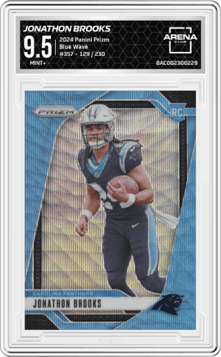 Jonathon Brooks from the 2024 Panini Prizm set featuring a Blue Wave Prizm parallel graded by Arena Club and given an overall grade of 9.5.