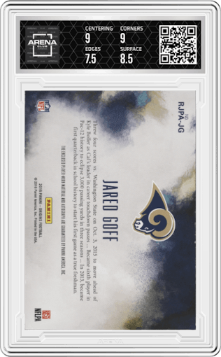 Jared Goff from the 2016 Panini Origins set featuring a Red parallel graded by Arena Club and given an overall grade of 8.