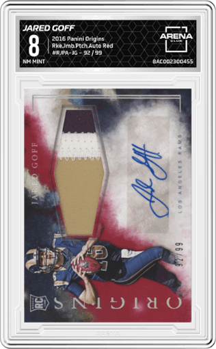 Jared Goff from the 2016 Panini Origins set featuring a Red parallel graded by Arena Club and given an overall grade of 8.