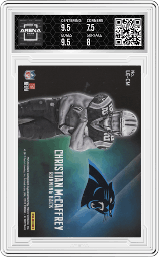 Christian McCaffrey from the 2017 Panini XR set featuring a Gold parallel graded by Arena Club and given an overall grade of 8.