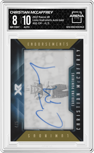 Christian McCaffrey from the 2017 Panini XR set featuring a Gold parallel graded by Arena Club and given an overall grade of 8.