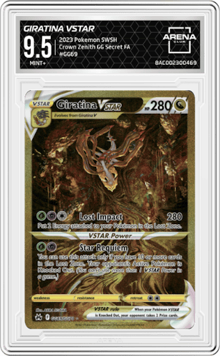 Giratina VSTAR from the 2023 Pokemon SWSH set graded by Arena Club and given an overall grade of 9.5.