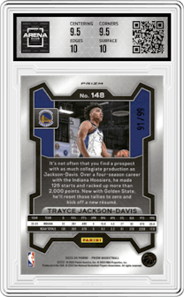 Trayce Jackson-Davis from the 2023-24 Panini Prizm set featuring a Blue Seismic parallel graded by Arena Club and given an overall grade of 10.