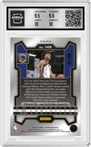 Trayce Jackson-Davis from the 2023-24 Panini Prizm set featuring a Blue Seismic parallel graded by Arena Club and given an overall grade of 10.