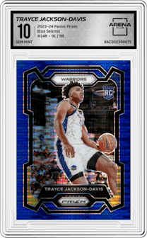 Trayce Jackson-Davis from the 2023-24 Panini Prizm set featuring a Blue Seismic parallel graded by Arena Club and given an overall grade of 10.