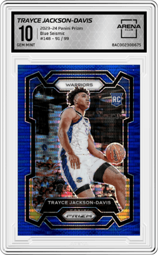 Trayce Jackson-Davis from the 2023-24 Panini Prizm set featuring a Blue Seismic parallel graded by Arena Club and given an overall grade of 10.