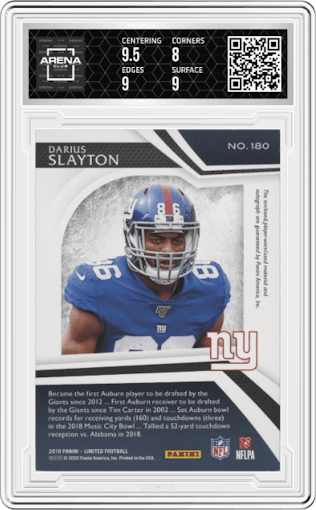 Darius Slayton from the 2019 Panini Limited set featuring a Gold Spotlight  parallel graded by Arena Club and given an overall grade of 8.5.