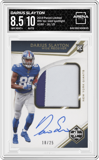 Darius Slayton from the 2019 Panini Limited set featuring a Gold Spotlight  parallel graded by Arena Club and given an overall grade of 8.5.