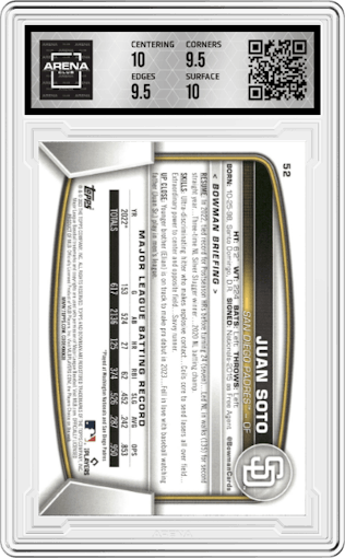 Juan Soto from the 2023 Bowman  set featuring a Black parallel graded by Arena Club and given an overall grade of 10.