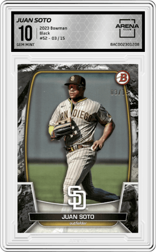 Juan Soto from the 2023 Bowman  set featuring a Black parallel graded by Arena Club and given an overall grade of 10.