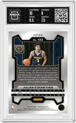 Julian Strawther from the 2023-24 Panini Prizm set featuring a Teal Ice parallel graded by Arena Club and given an overall grade of 8.