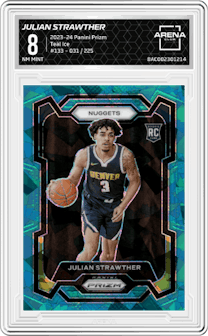 Julian Strawther from the 2023-24 Panini Prizm set featuring a Teal Ice parallel graded by Arena Club and given an overall grade of 8.