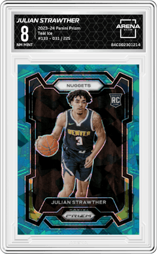 Julian Strawther from the 2023-24 Panini Prizm set featuring a Teal Ice parallel graded by Arena Club and given an overall grade of 8.