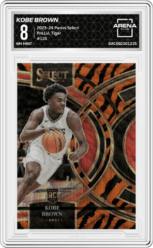 Kobe Brown from the 2023-24 Panini Select  set featuring a Tiger parallel graded by Arena Club and given an overall grade of 8.