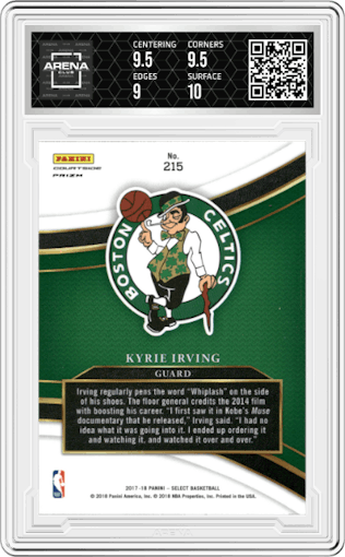 Kyrie Irving from the 2017-18 Panini Select set featuring a Zebra parallel graded by Arena Club and given an overall grade of 9.5.