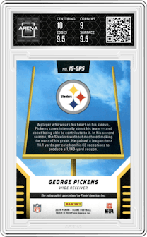 George Pickens from the 2024 Panini Score set graded by Arena Club and given an overall grade of 9.5.