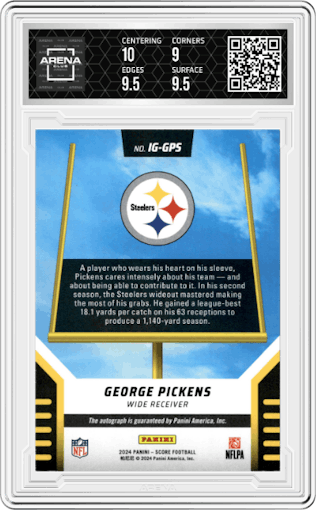 George Pickens from the 2024 Panini Score set graded by Arena Club and given an overall grade of 9.5.
