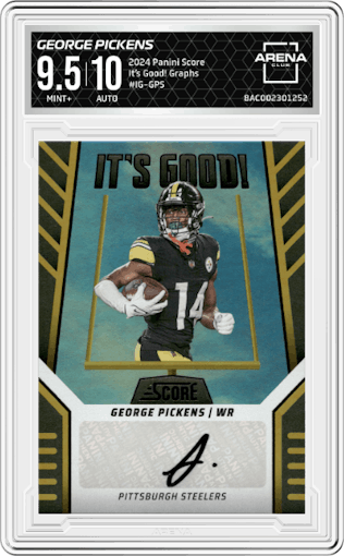 George Pickens from the 2024 Panini Score set graded by Arena Club and given an overall grade of 9.5.