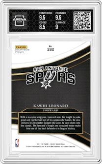 Kawhi Leonard from the 2017-18 Panini Select set featuring a Zebra parallel graded by Arena Club and given an overall grade of 9.