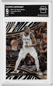 Kawhi Leonard from the 2017-18 Panini Select set featuring a Zebra parallel graded by Arena Club and given an overall grade of 9.