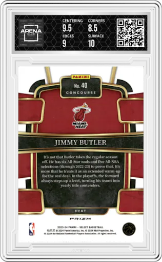 Jimmy Butler from the 2023-24 Panini Select  set featuring a Tiger parallel graded by Arena Club and given an overall grade of 9.