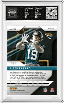 Allen Lazard from the 2018 Panini Prizm set featuring a Blue Shimmer parallel graded by Arena Club and given an overall grade of 9.