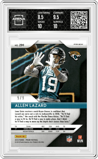 Allen Lazard from the 2018 Panini Prizm set featuring a Blue Shimmer parallel graded by Arena Club and given an overall grade of 9.
