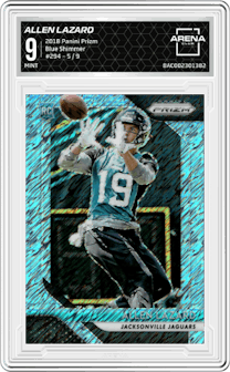 Allen Lazard from the 2018 Panini Prizm set featuring a Blue Shimmer parallel graded by Arena Club and given an overall grade of 9.