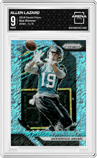 Allen Lazard from the 2018 Panini Prizm set featuring a Blue Shimmer parallel graded by Arena Club and given an overall grade of 9.