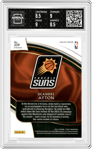 Deandre Ayton from the 2018-19 Panini Select  set featuring a Zebra parallel graded by Arena Club and given an overall grade of 9.