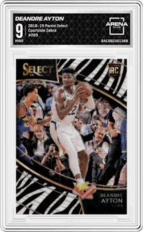 Deandre Ayton from the 2018-19 Panini Select  set featuring a Zebra parallel graded by Arena Club and given an overall grade of 9.