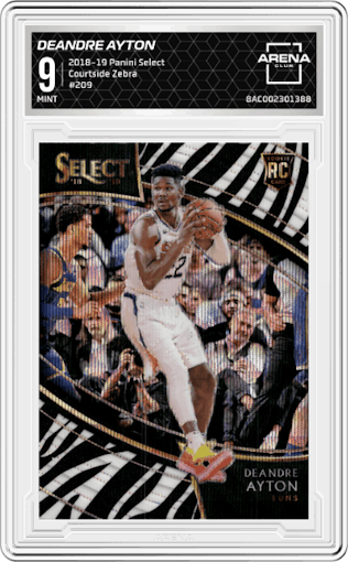 Deandre Ayton from the 2018-19 Panini Select  set featuring a Zebra parallel graded by Arena Club and given an overall grade of 9.