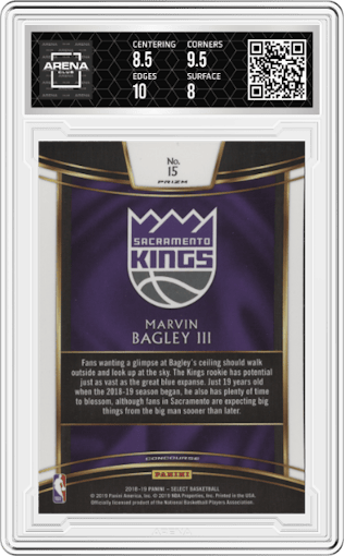 Marvin Bagley III from the 2018-19 Panini Select  set featuring a Zebra parallel graded by Arena Club and given an overall grade of 8.5.